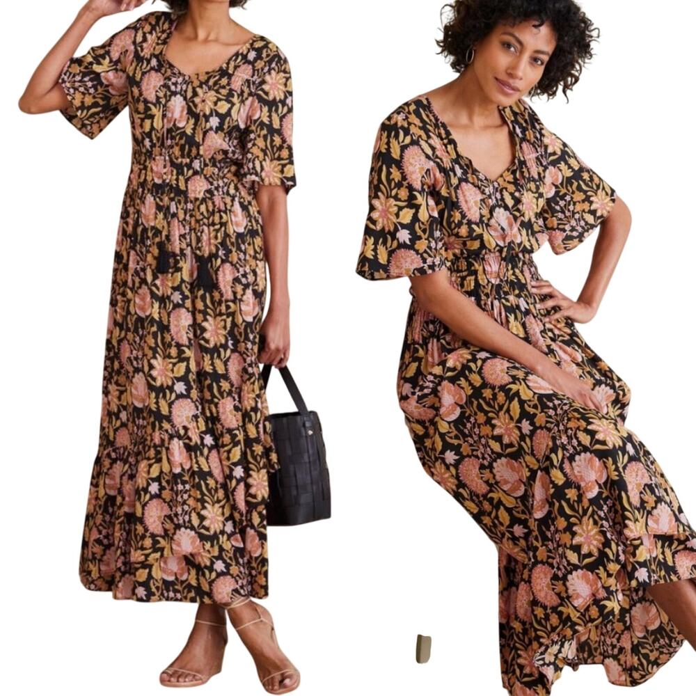 Soft Surroundings Marissa Floral Maxi Dress Tassel Tie Neck Smocked Tiered 18 P
